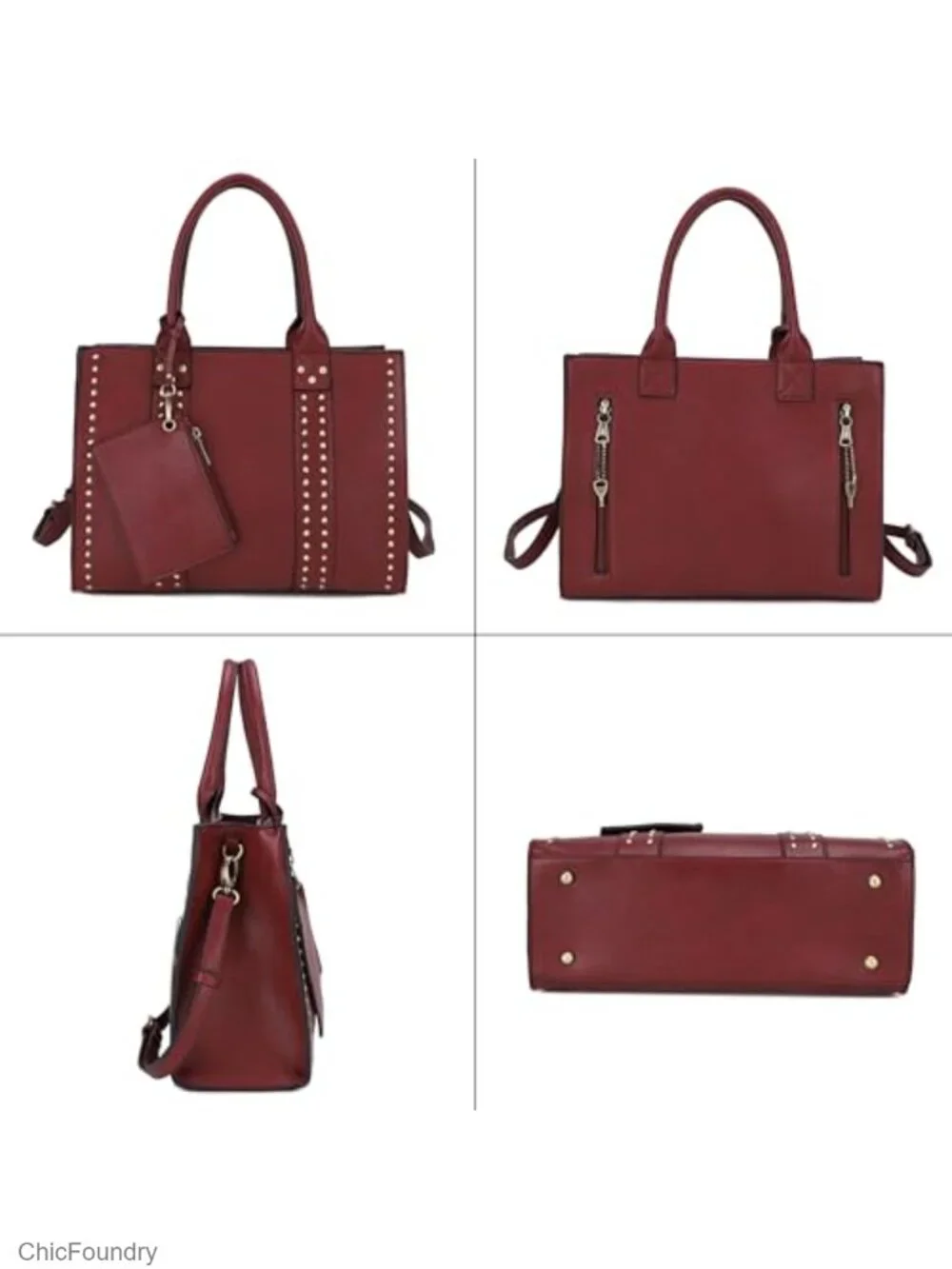 Vegan PU Leather Satchel Tote Handbag with Stud Accents Crossbody